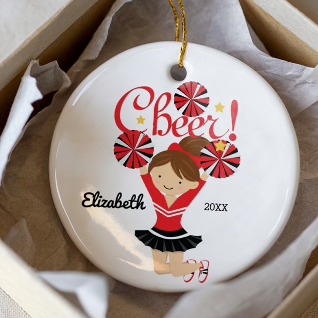 Black & Red Cheer Brunette Cheerleader Ornament (Creator Uploaded)