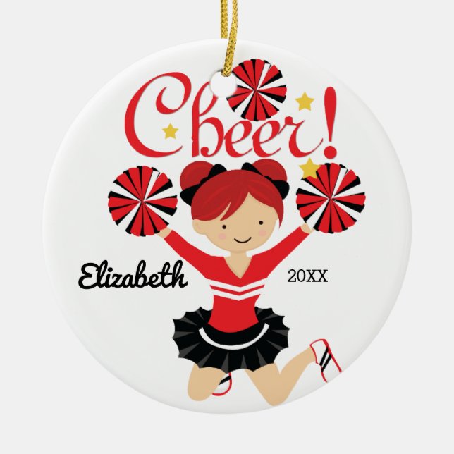 Black & Red Cheer Red Hair Cheerleader Ornament (Front)