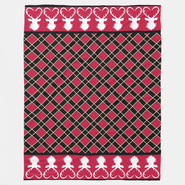 Black Red Chequered & Reindeer Silhouettes Fleece Blanket (Front)