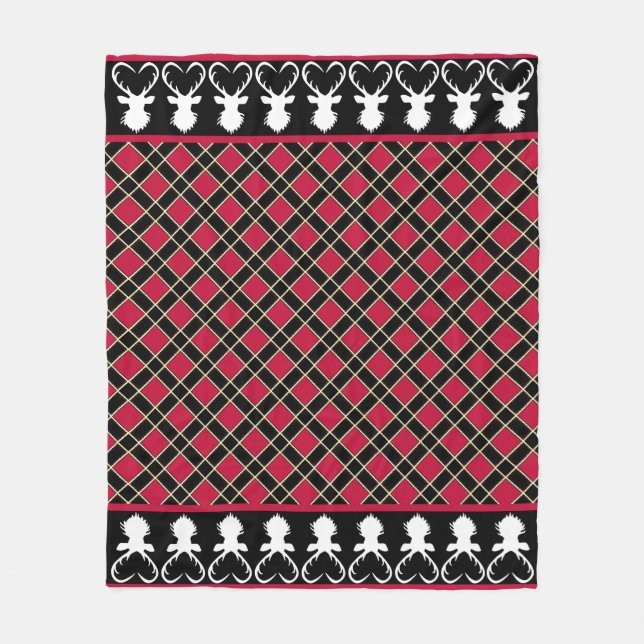 Black Red Chequered & Reindeer Silhouettes Fleece Blanket (Front)