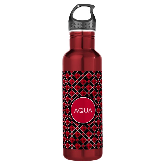 Black & Red Chequered Stainless Steel Water Bottle (Front)