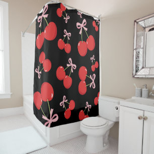 Black Red Cherries Pink Bow Coquette Cottage Chic Shower Curtain