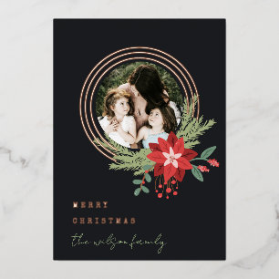 Black Red Circle Photo Poinsettia Merry Christmas Foil Holiday Card