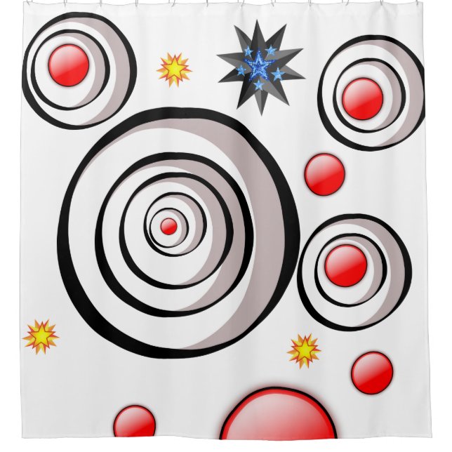 black, red, colourful white shower curtain (Front)