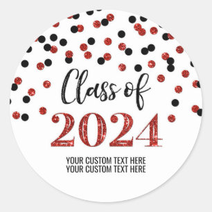 Black Red Confetti Graduation 2024 Classic Round Sticker