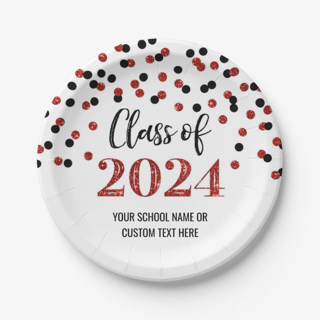 Black Red Confetti Graduation 2024 Paper Plate (Front)