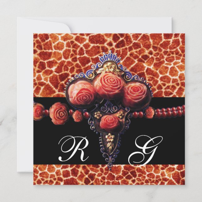 BLACK RED CORAL ROSES,GIRAFFE SKIN MONOGRAM INVITATION (Front)