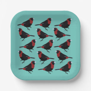 Black Red Crimson-Collared Tanager Songbird  Paper Plate