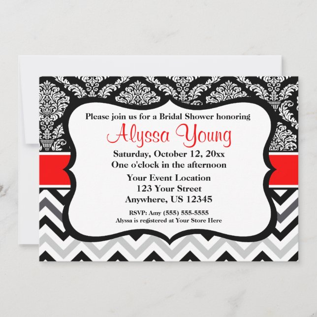 Black Red Damask Chevron Invitation (Front)