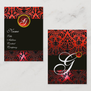 BLACK RED DAMASK FLORAL MONOGRAM ,Ruby Gem Business Card