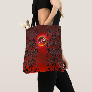 BLACK RED DAMASK FLORAL ,RUBY GEMSTONE MONOGRAM TOTE BAG