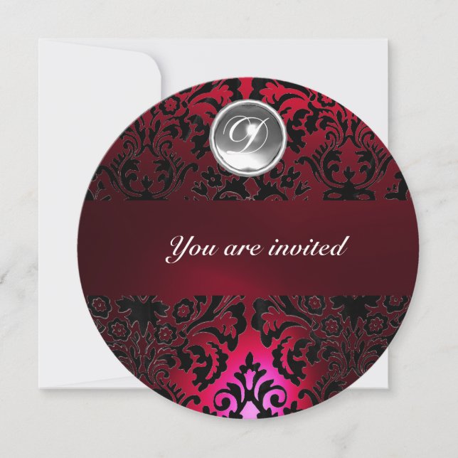 BLACK & RED DAMASK GEM STONE MONOGRAM burgundy Invitation (Front)