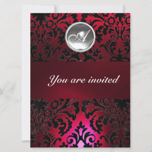 BLACK & RED DAMASK GEM STONE MONOGRAM burgundy Invitation