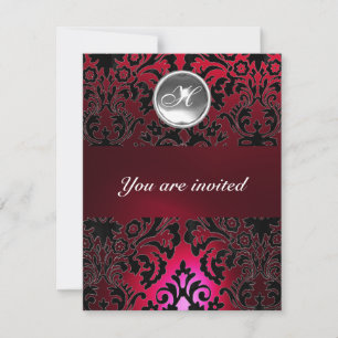 BLACK & RED DAMASK GEM STONE MONOGRAM burgundy Invitation