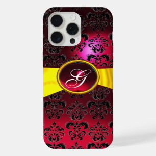 BLACK RED DAMASK MONOGRAM Gold Yellow Ribbon iPhone Case