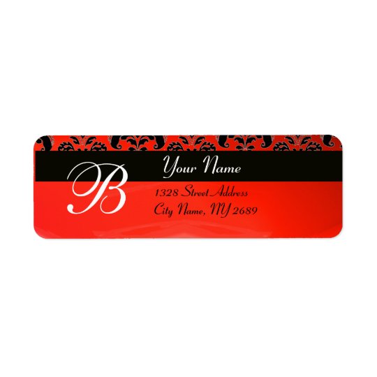 BLACK RED DAMASK MONOGRAM RETURN ADDRESS LABEL
