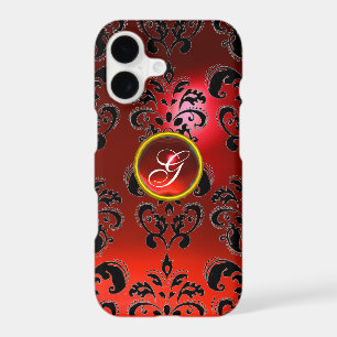 BLACK RED DAMASK RUBY GEMSTONE MONOGRAM