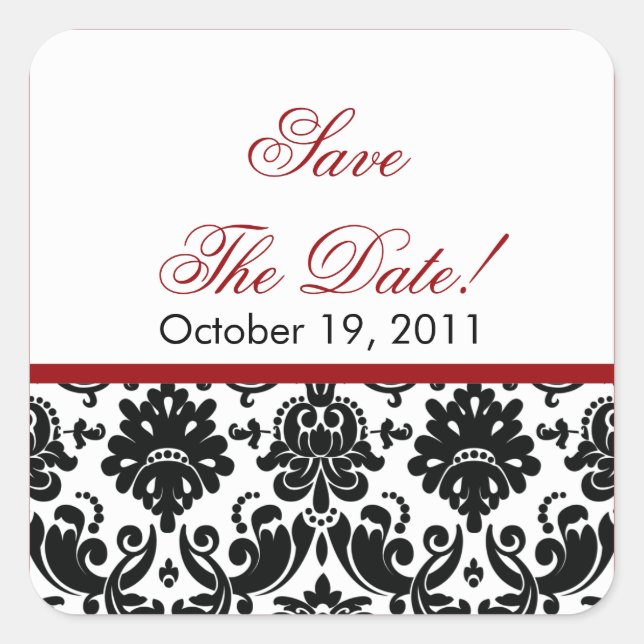 Black & Red Damask Save the Date Wedding Sticker (Front)