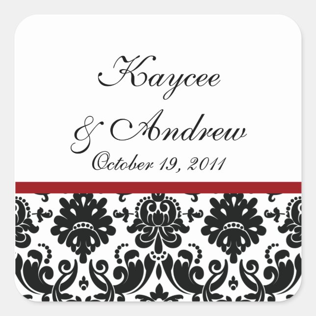 Black & Red Damask Wedding Square Sticker (Front)