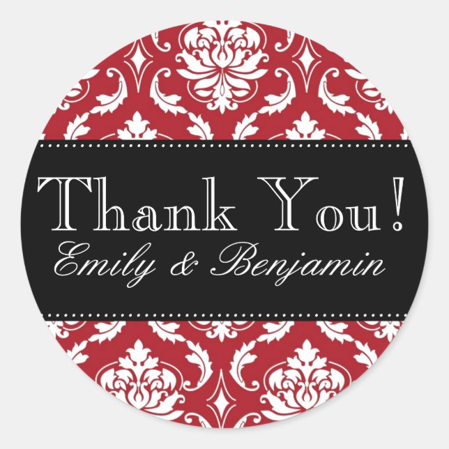 Black, Red Damask Wedding Thank You Sticker (Front)