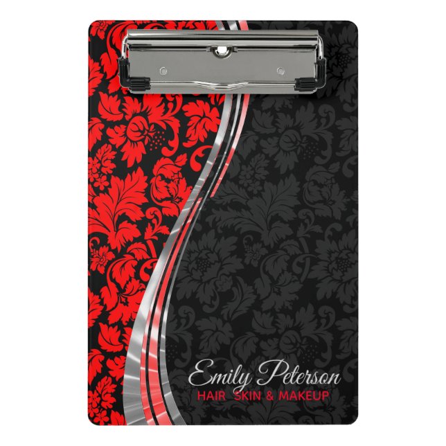 Black & Red Damasks With Silver Accents Mini Clipboard (Front)