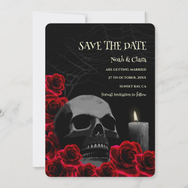 Black red Dark Gothic Skull and Roses Halloween Save The Date (Front)