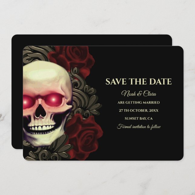 Black red dark moody gothic skull hallowedding save the date (Front/Back)