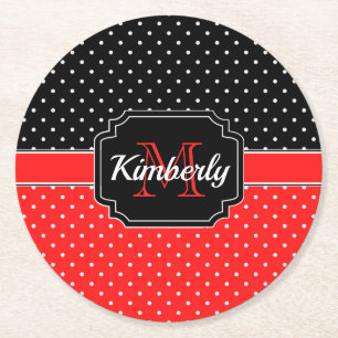 Black & Red Dots Pattern Round Paper Coaster