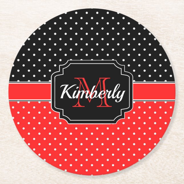 Black & Red Dots Pattern Round Paper Coaster (Front)