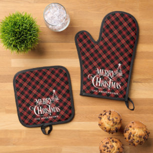 Black Red Farmhouse Christmas Tartan Plaid Custom Oven Mitt & Pot Holder Set