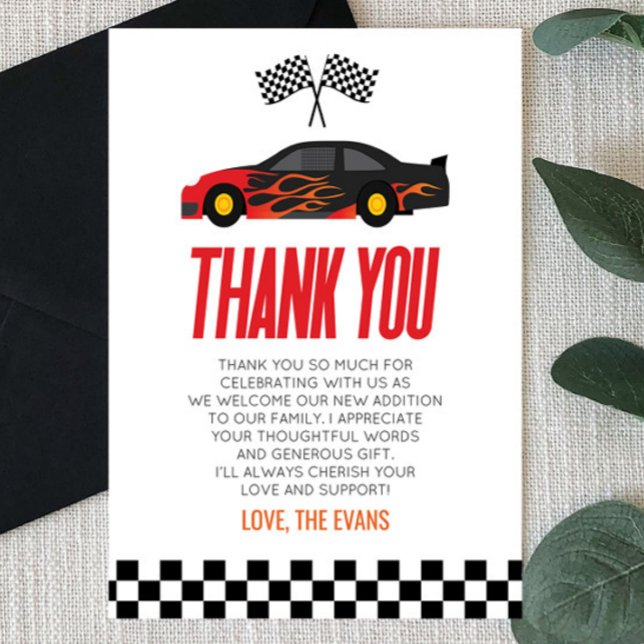 Black Red Flame Racecar Race Car Baby Shower Thank You Card (Creator Uploaded)