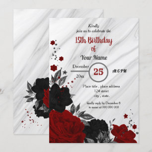 Black & red floral birthday party invitation