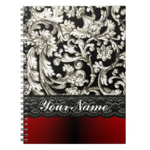 Black & red floral damask pattern notebook