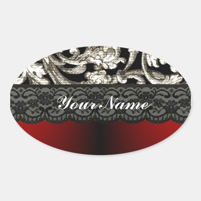 Black & red floral damask pattern oval sticker (Front)