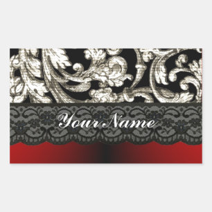 Black & red floral damask pattern rectangular sticker