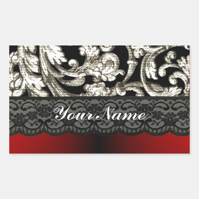 Black & red floral damask pattern rectangular sticker (Front)