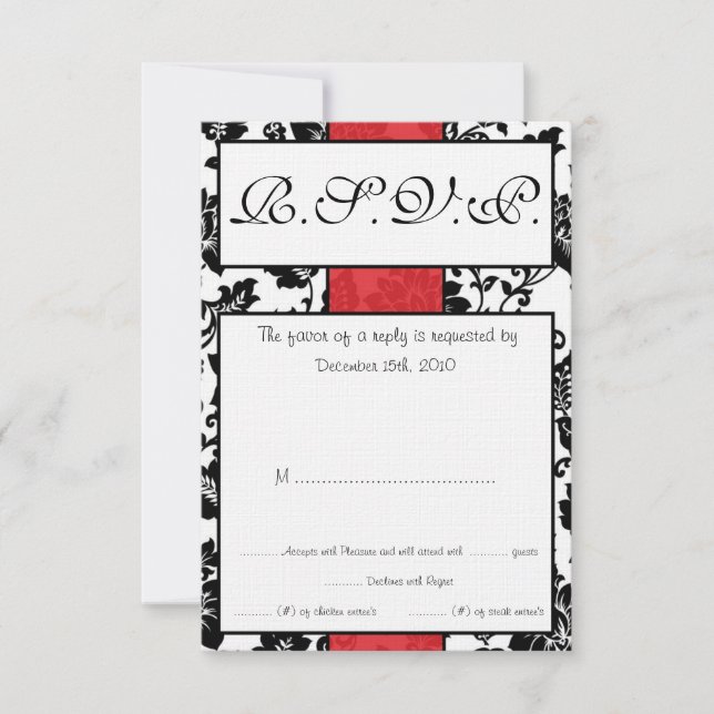 Black/Red Floral Damask Wedding RSVP Card (Front)