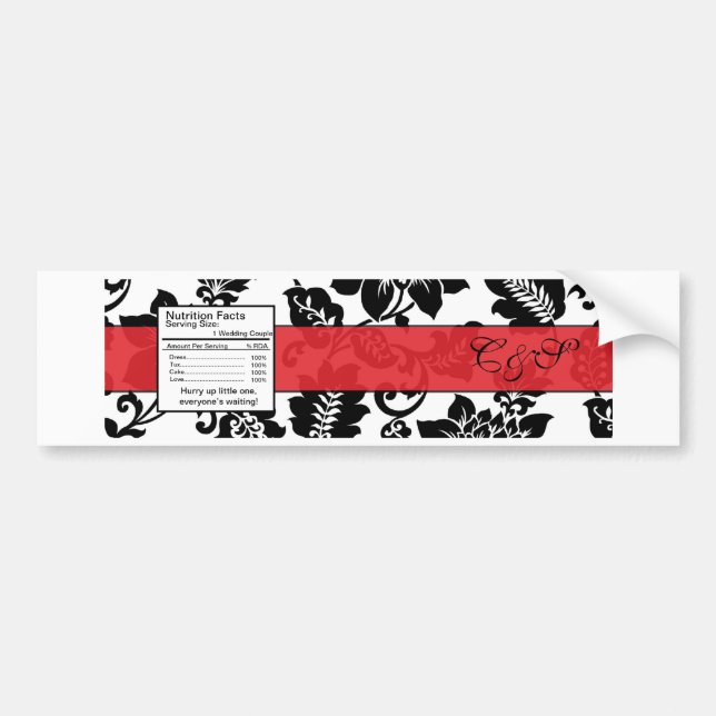 Black/Red Floral Damask Wedding Water Bottle Label (Front)