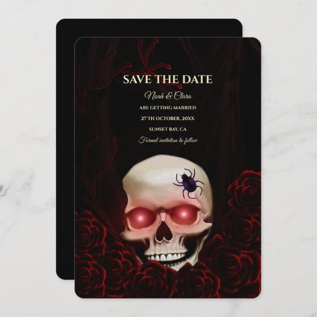 Black red floral dark moody gothic skull halloween save the date (Front/Back)