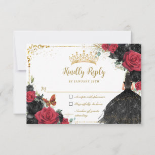 Black Red Floral Gold Princess Gown Quinceañera RSVP Card