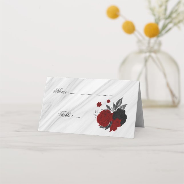 black & red floral marble  place card (Front)
