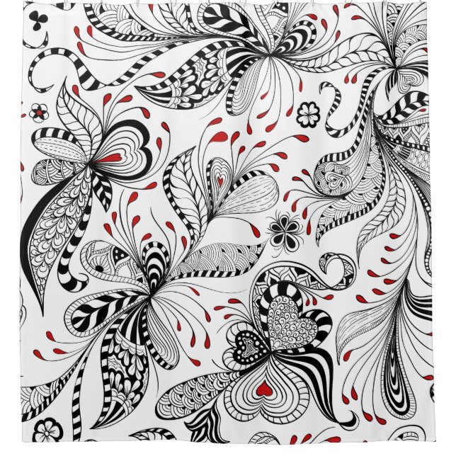 Black & red Floral Pattern Shower Curtain (Front)
