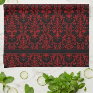 Black & Red Floral Swirls Damask 3 Monogram Tea Towel