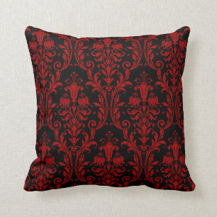 Black & Red Floral Swirls Damask Cushion