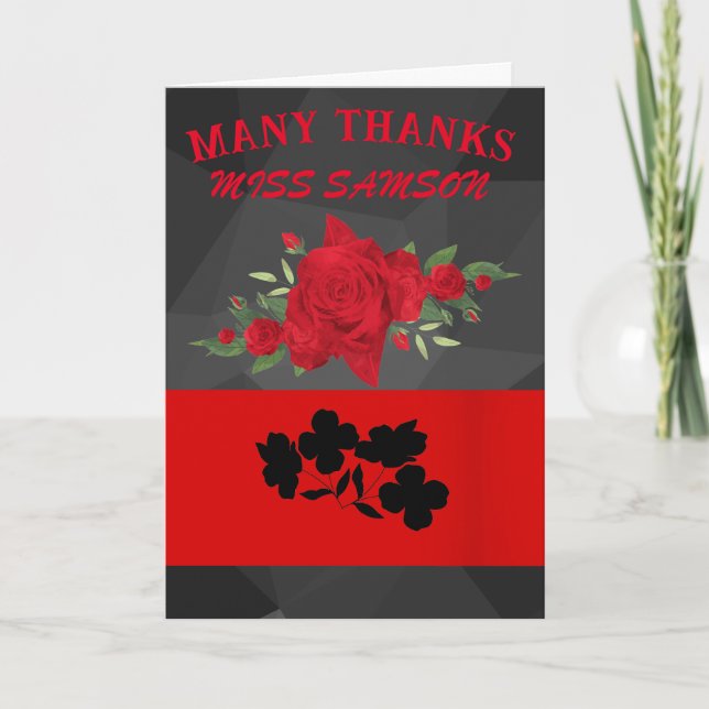 Black Red Floral Teacher Modern Chic Appreciation  Thank You Card (Front)