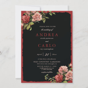 Black Red Floral Wedding Invitation Vintage Rose