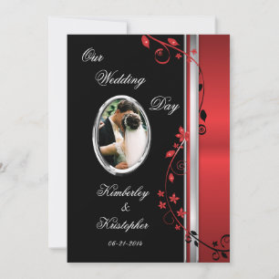 Black & Red Floral Wedding Photo Invitations