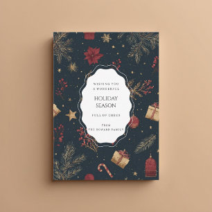 Black Red Floral Whimsical Watercolor Holiday Card