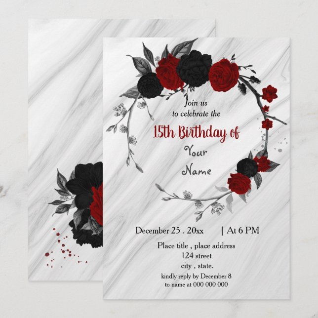Black & red floral wreath birthday party invitation (Front/Back)