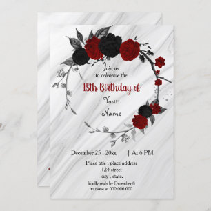 Black & red floral wreath birthday party invitation